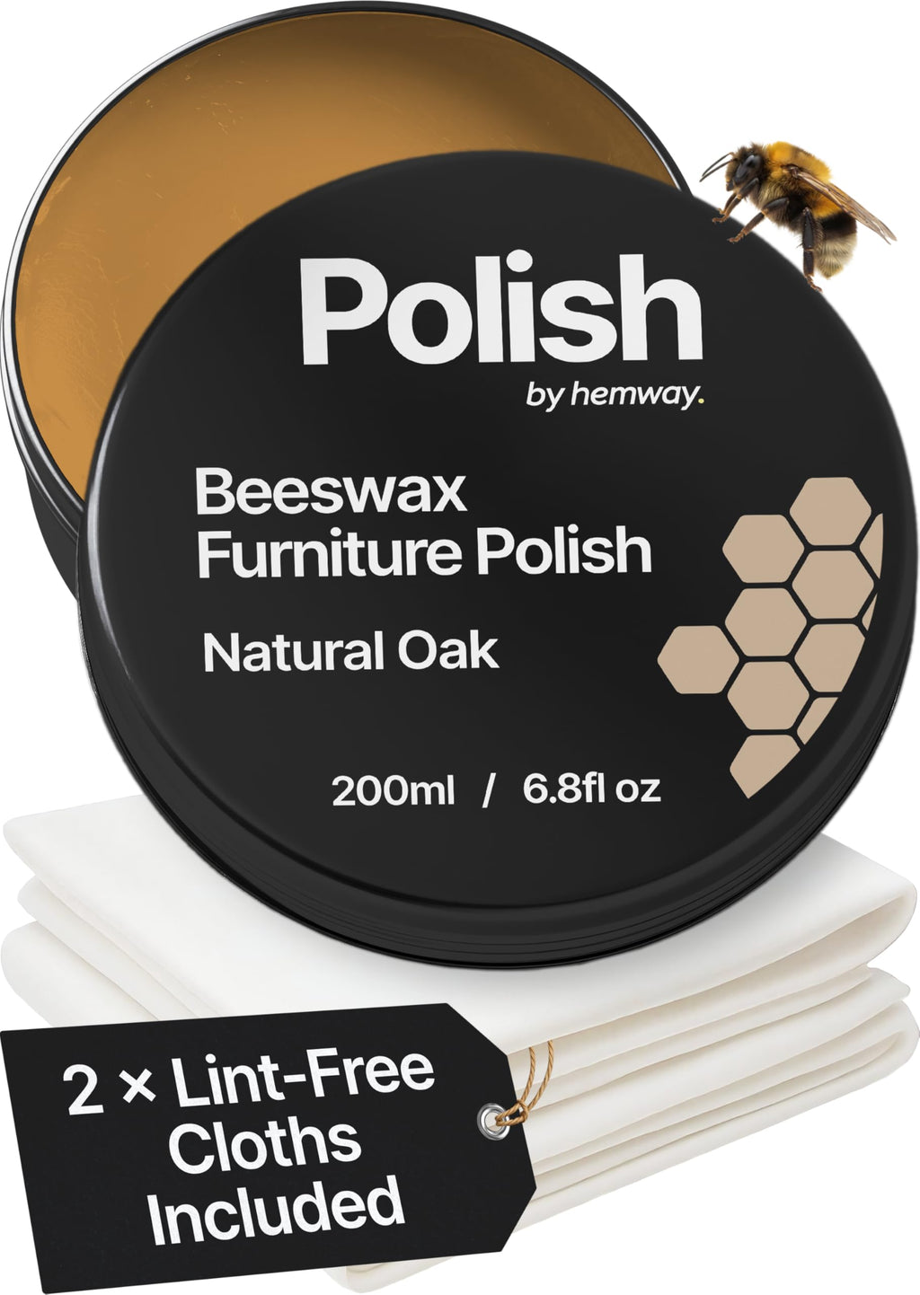 Natural Oak Beeswax Furniture Polish 200 ml / 6.8 fl oz, & 2 Lint-Free Cloths, Natural Furniture Wax for Wood Protection, Modern, Antique, Wood, Furniture, Restores & Protects, Long-Lasting Bees Wax