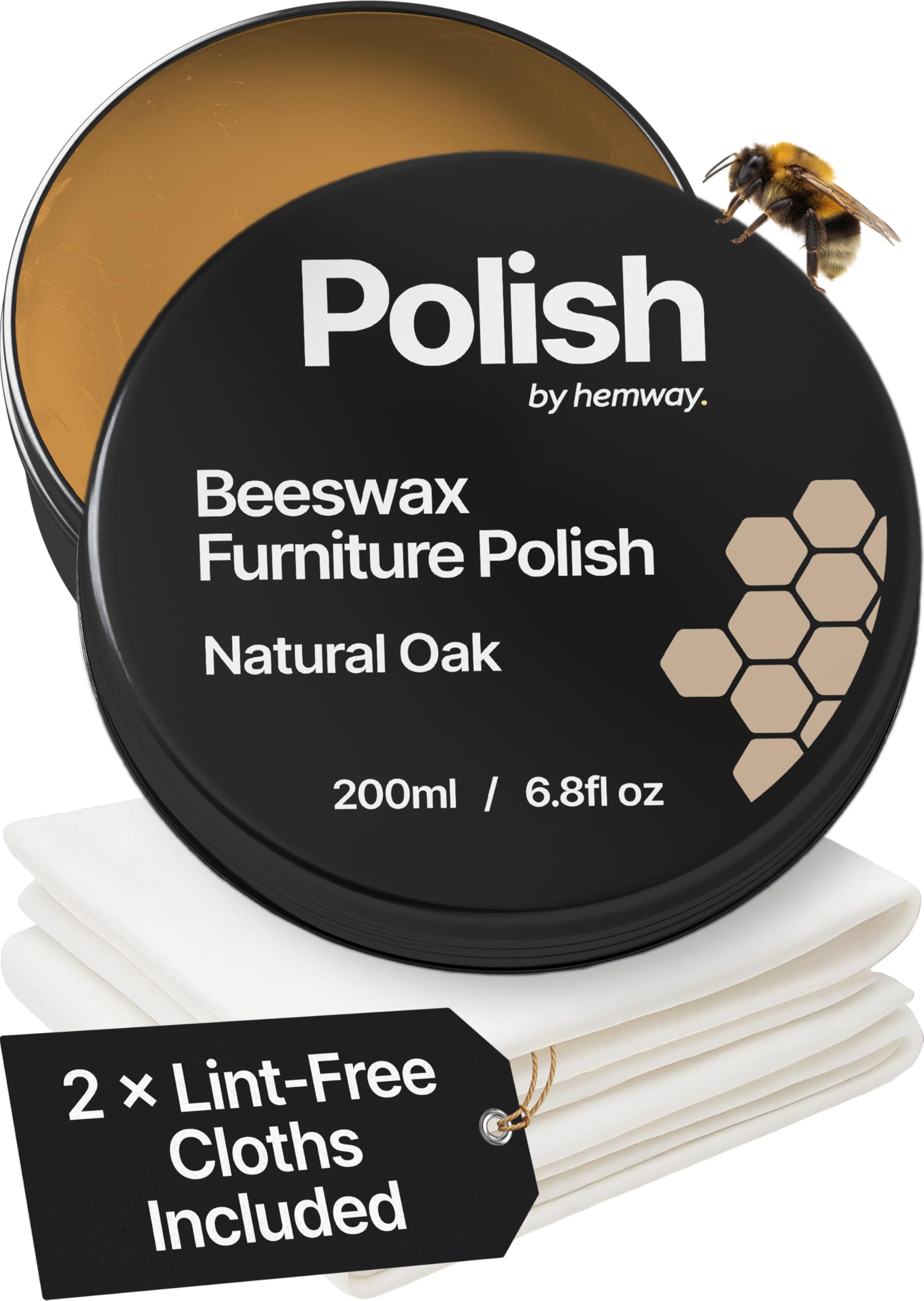 Natural Oak Beeswax Furniture Polish 200 ml / 6.8 fl oz, & 2 Lint-Free Cloths, Natural Furniture Wax for Wood Protection, Modern, Antique, Wood, Furniture, Restores & Protects, Long-Lasting Bees Wax