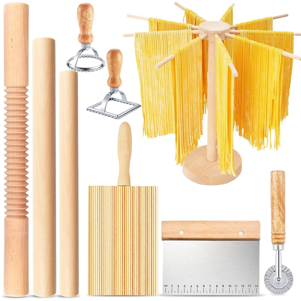Pasta Making Tools, 9 PCS Wood Pasta Making Kit with 1 Pasta Drying Rack, 3 Rolling Pins, 1 Gnocchi Board, 1 Dough Cutter, 2 Ravioli Stamp Maker Cutter, 1 Ravioli Cutter, Ravioli Pasta Set for Kitchen