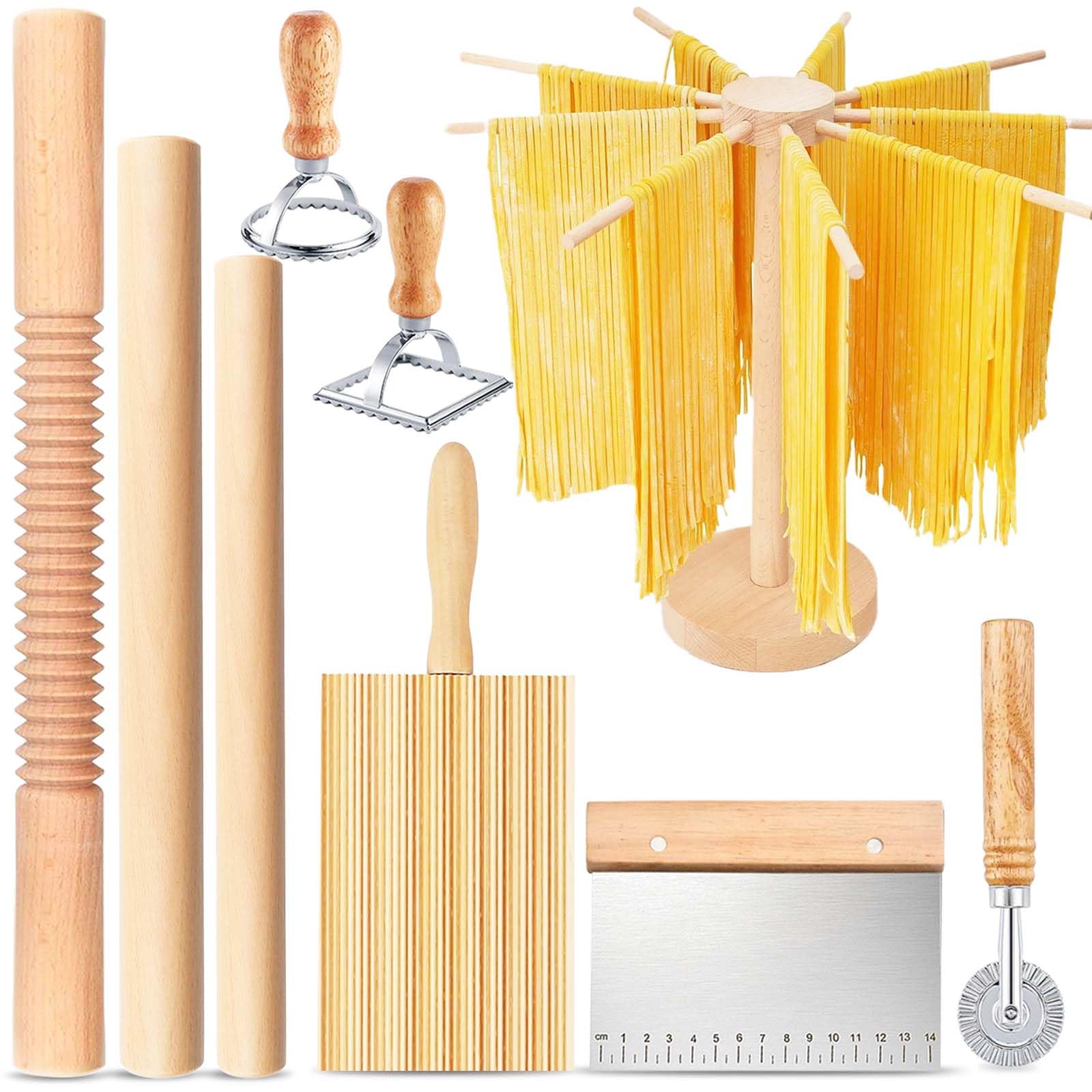 Pasta Making Tools, 9 PCS Wood Pasta Making Kit with 1 Pasta Drying Rack, 3 Rolling Pins, 1 Gnocchi Board, 1 Dough Cutter, 2 Ravioli Stamp Maker Cutter, 1 Ravioli Cutter, Ravioli Pasta Set for Kitchen