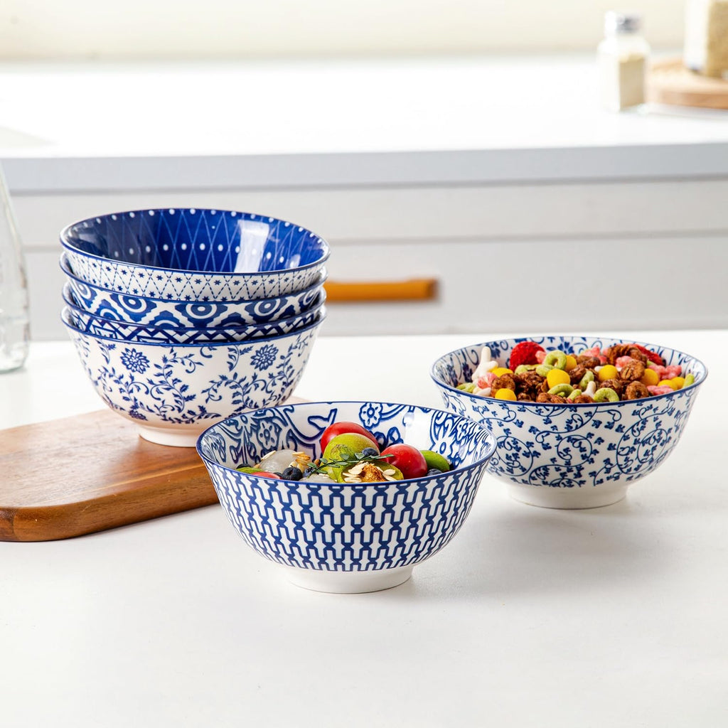 Cerkik Ceramic Soup Bowls Set – 24 Oz / 680 ml Deep Cereal Bowls, 6 Inch / 15.8 cm Large Porcelain Dinner Bowls for Salad, Pasta, Dessert, Oatmeal – Microwave Dishwasher Safe – Set of 6 – Vintage Blue