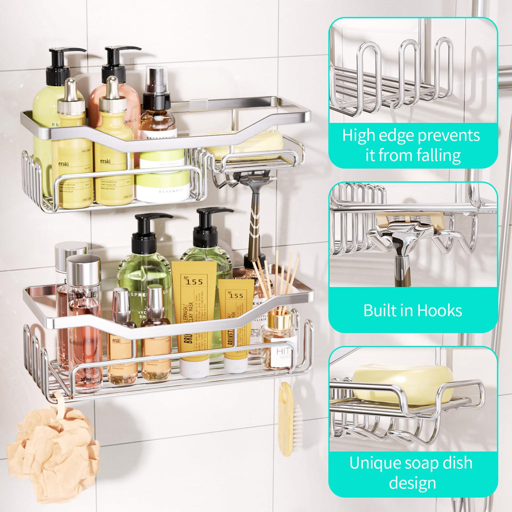 HapiRm Shower Caddy - Bathroom Organizers Adhesive Bathroom Shelf with Soap Holder Design and 11 Hooks, Rustproof & Waterproof Shower Shelves Made of SUS 304 Stainless Steel, Silver