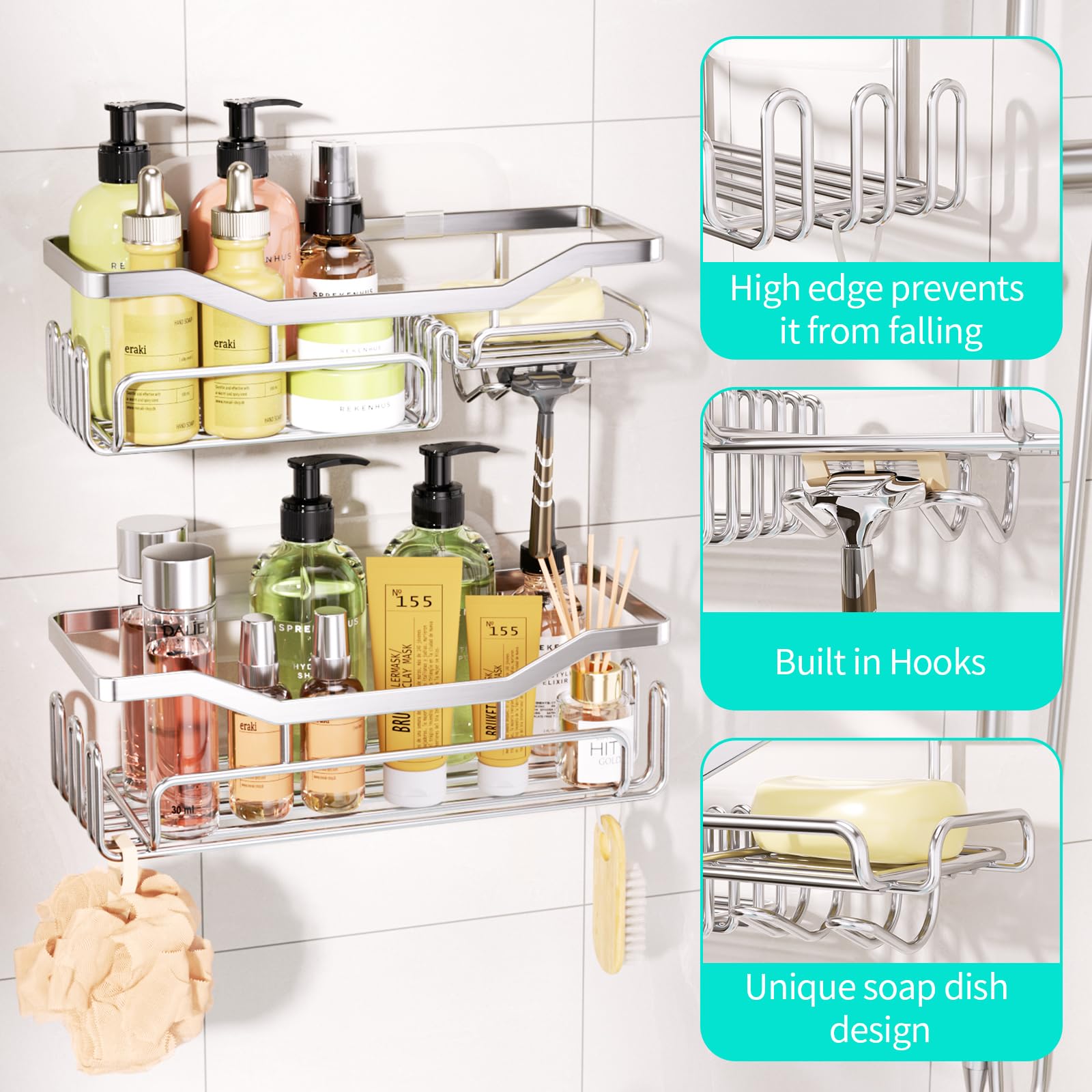 HapiRm Shower Caddy - Bathroom Organizers Adhesive Bathroom Shelf with Soap Holder Design and 11 Hooks, Rustproof & Waterproof Shower Shelves Made of SUS 304 Stainless Steel, Silver