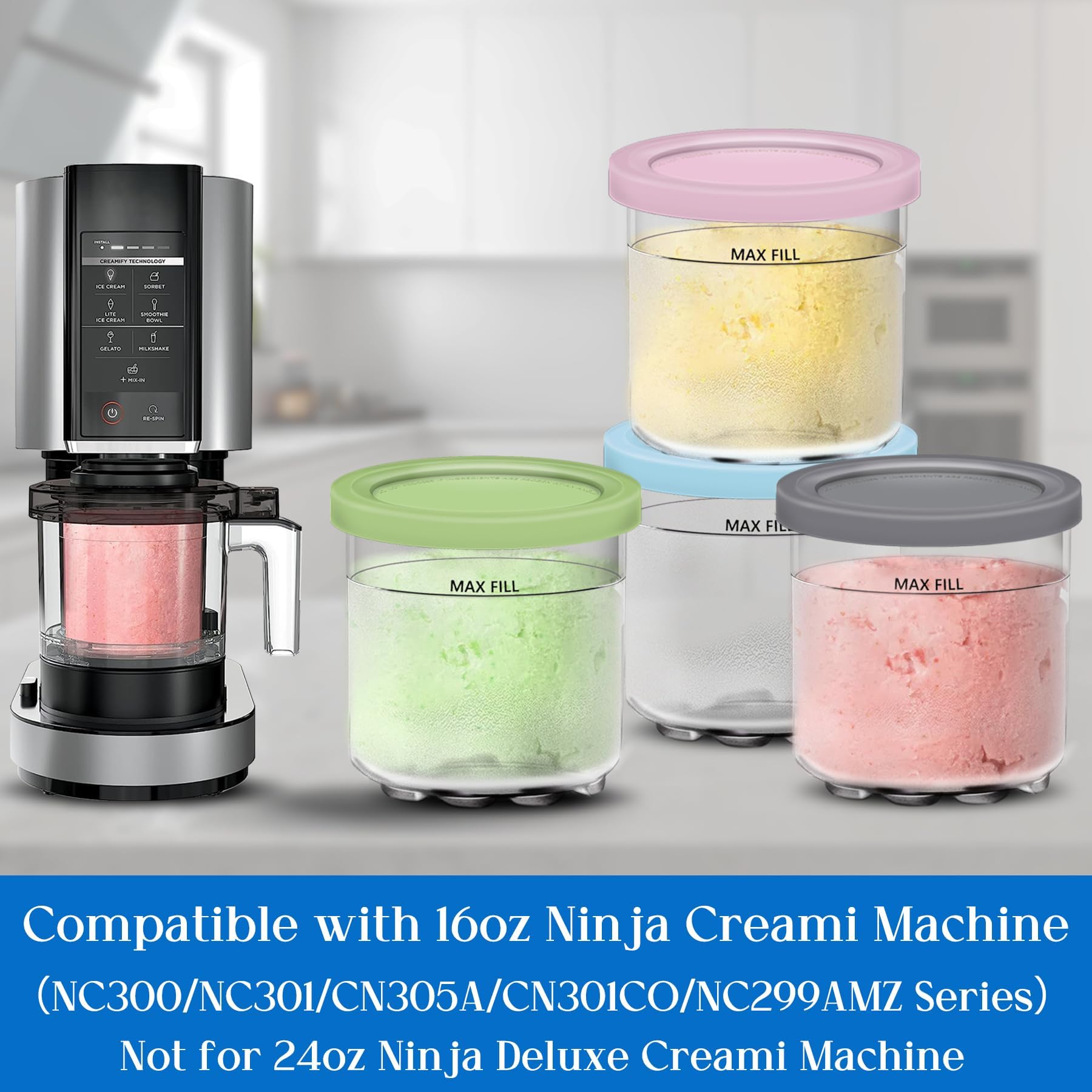 Containers Replacement for Ninja Creami Pints and Lids & Scoop - 4 Pack | Compatible with NC300/NC301/NC299AMZ Series | BPA-Free, Dishwasher-Safe, Leak-Proof Pints for Homemade Ice Cream