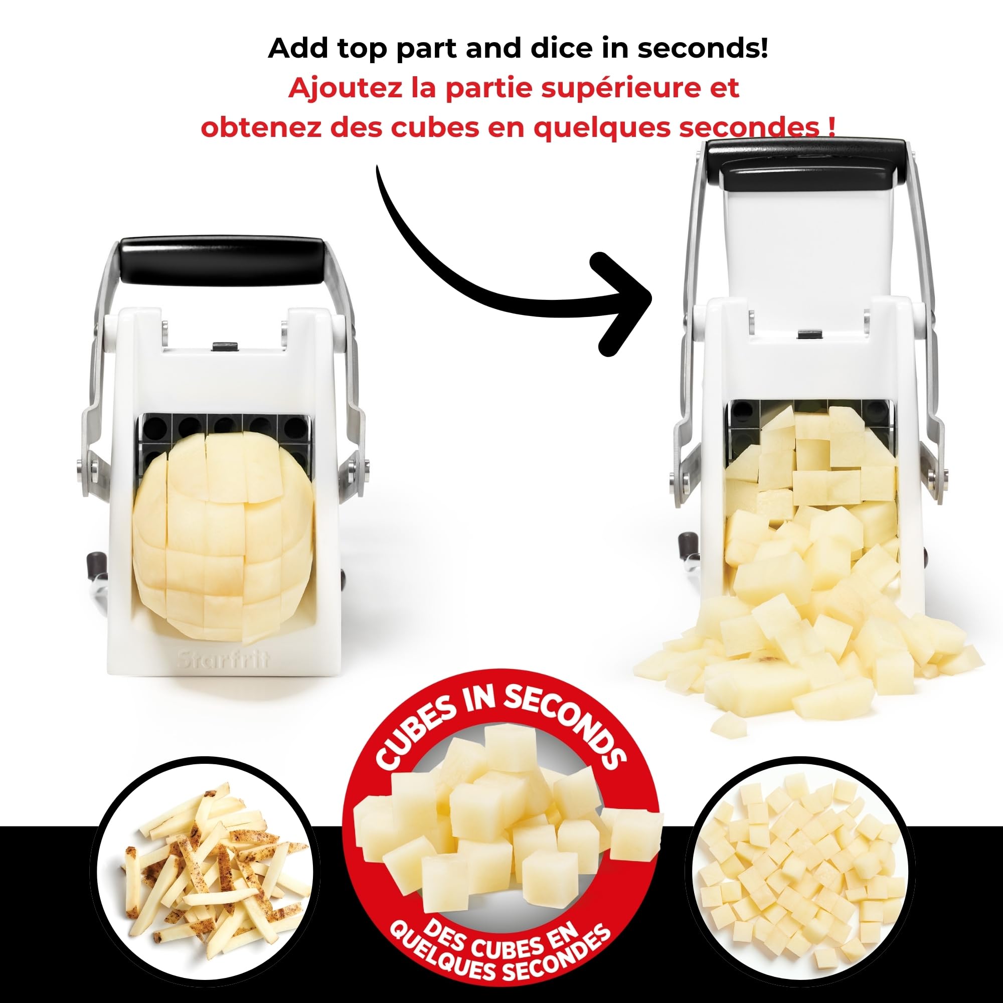 Starfrit Pro Fry Cutter & Cuber - 3-in-1 - Homemade French Fries - Slices, Dices, Cubes Potatoes & Vegetables