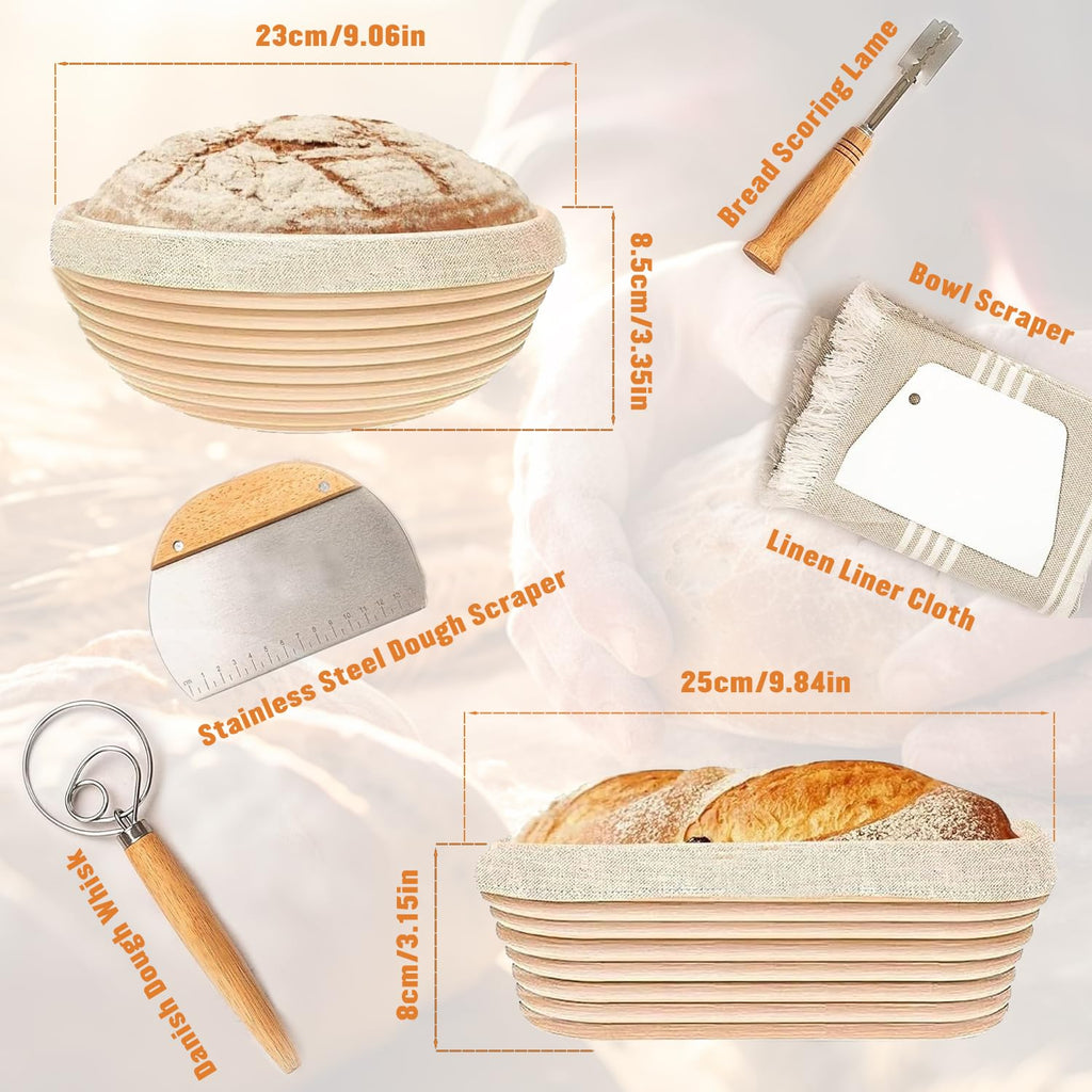 Bread Proofing Basket Set, 9" Round and 10" Oval Banneton Proofing Basket with Linen Liner Cloth, Danish Dough Whisk, Bread Scoring Lame,Stainless Steel Dough Scraper (9 inch Round & 10 inch Oval Set)