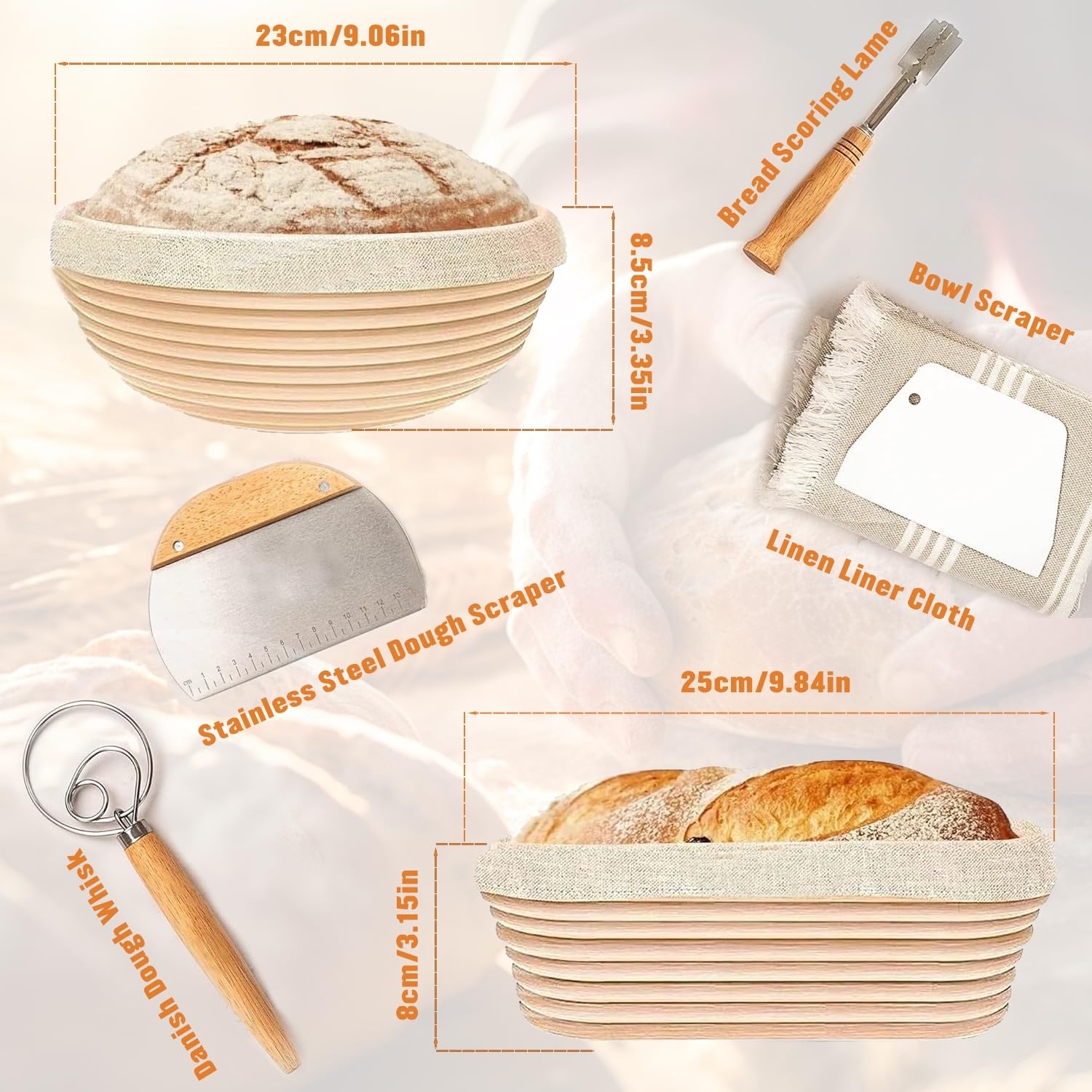 Bread Proofing Basket Set, 9" Round and 10" Oval Banneton Proofing Basket with Linen Liner Cloth, Danish Dough Whisk, Bread Scoring Lame,Stainless Steel Dough Scraper (9 inch Round & 10 inch Oval Set)