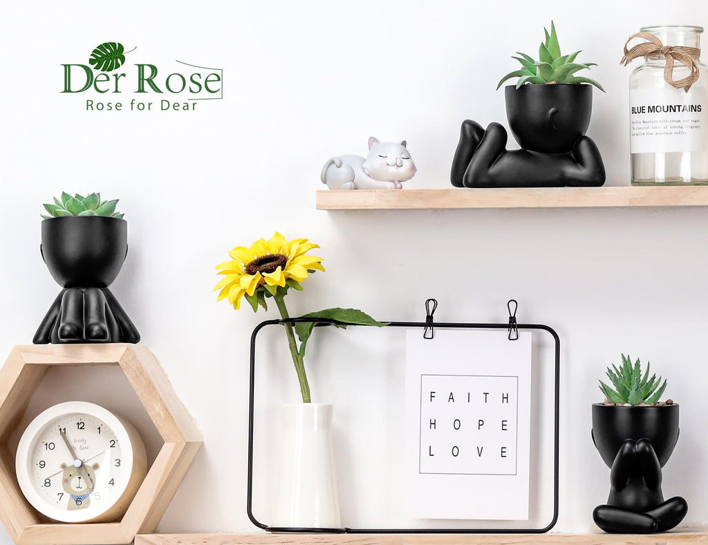 Der Rose 3Pcs Fake Plants Small Artificial Succulent, Cute Faux Plants for Home Bathroom Bedroom Living Room Office Desk Shelf Black Decor Indoor Aesthetic