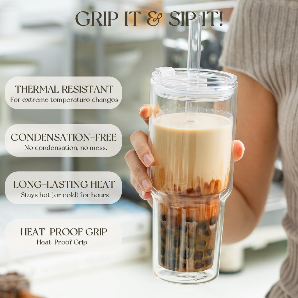 KEMORELA 28oz Clear Double Wall Glass Tumblers Set of 2, Extra-Wide 13mm Reusable Drinking Straws, Boba Tumbler, Wide-Mouth Water Cups for Iced Coffee, Smoothies, Boba & Tea Lovers