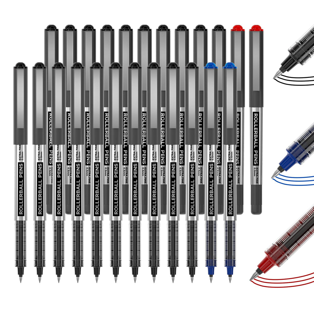 Shuttle Art RollerBall Pens, 25 Pack(21 black 2 blue 2 red) Fine Point Roller Ball Pens, 0.5mm Liquid Ink Pens for Writing Journaling Taking Notes School Office