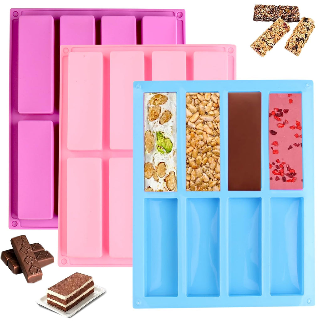 3 Pack Silicone Mold, 8 Cavity Large Rectangle Granola Bar Cereal Energy Bar Chocolate Bar Molds, Oreo Mold Silicone Baking Pan for Chocolate MuffinBrownie Corn Bread 3 Pack Cheese Cake Pudding