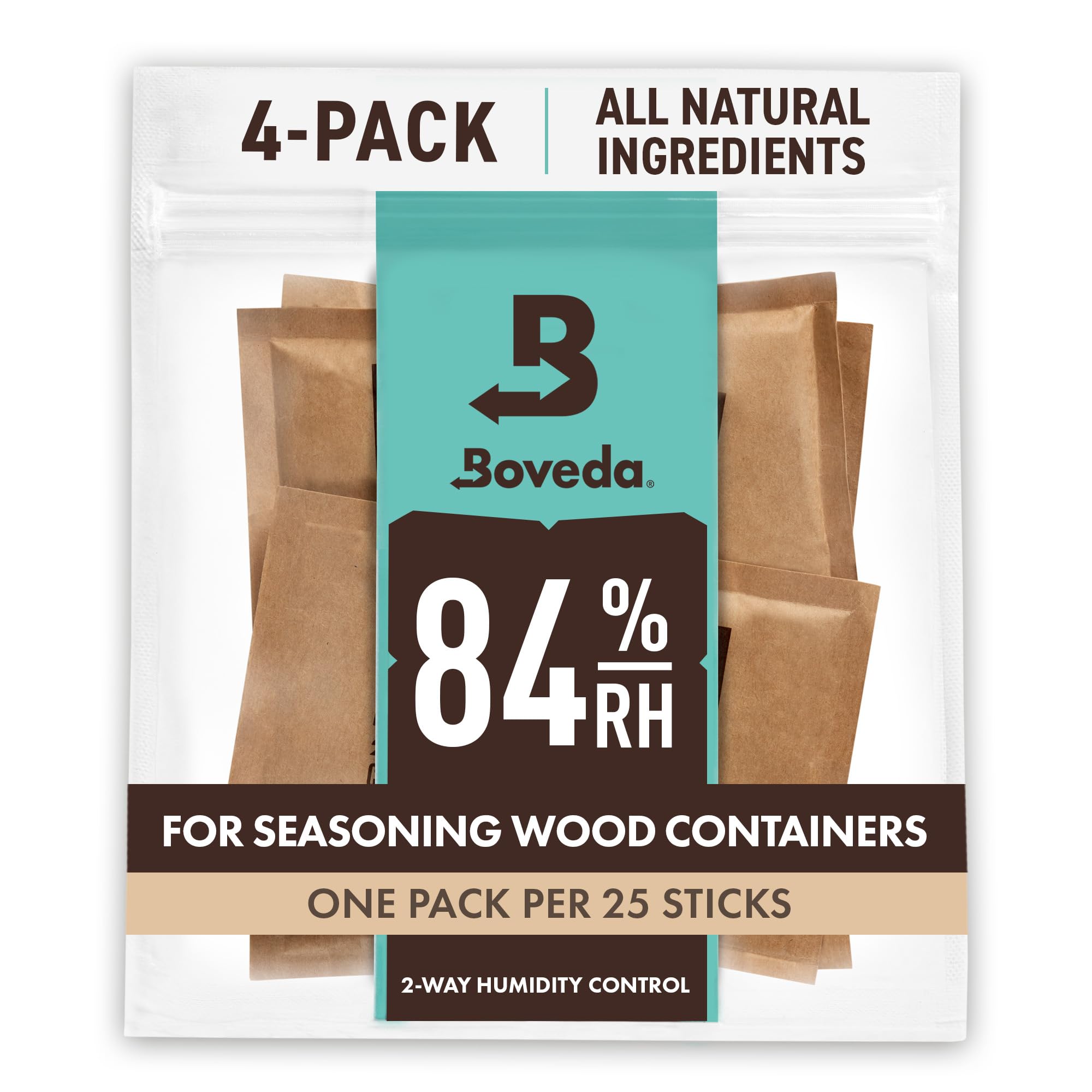 Boveda For Seasoning Two-Way Humdity Control Packs – 84% RH to Season a Wood Humidifier Box (Small- to Medium-Size, Up to 100-Count) – Size 60 – 4 Pack in a Resealable Bag