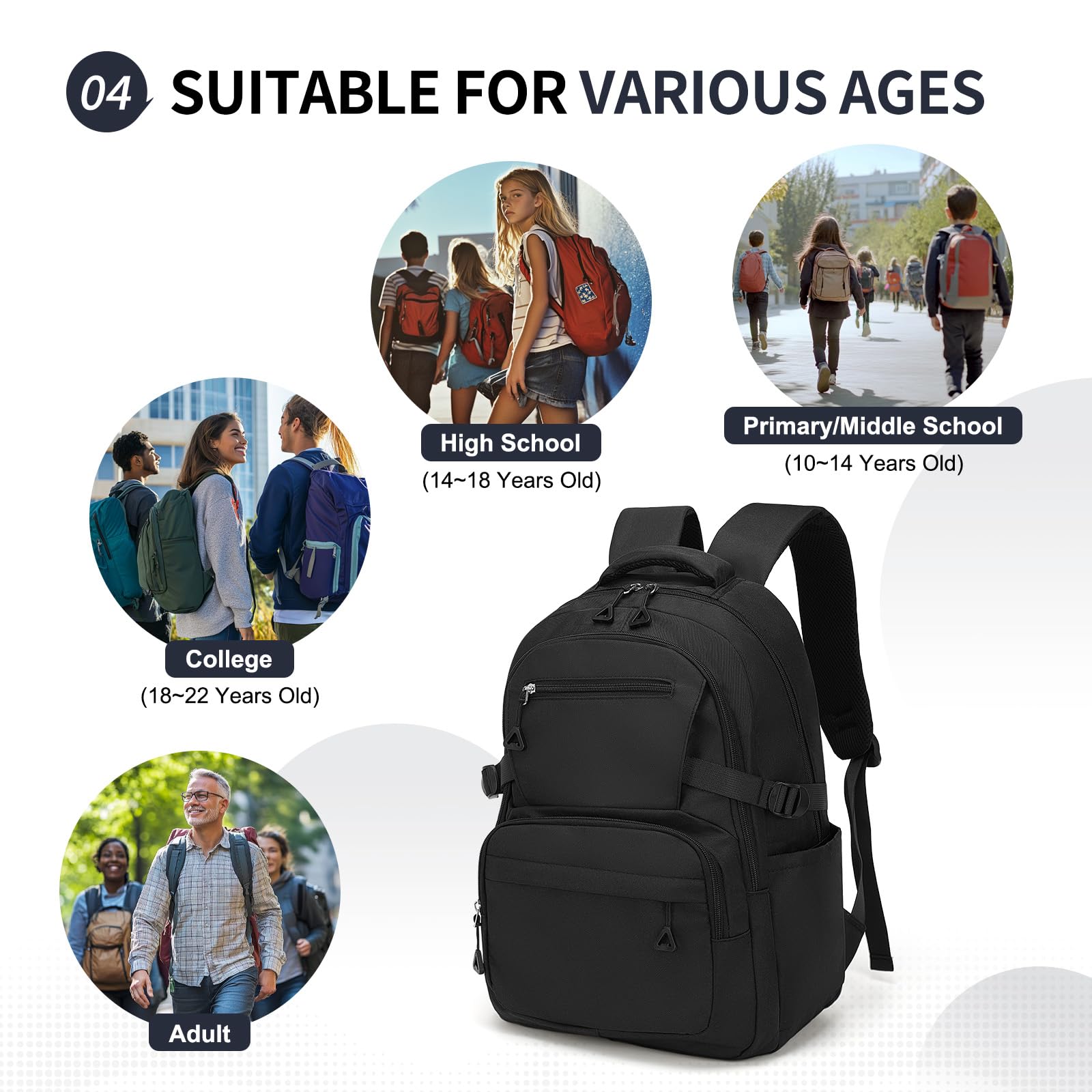SUIKIHUM Girls Backpack, Lightweight Aesthetic Bookbag with Anti-Theft Pocket, Fit 15.6 Inch Laptop Backpack for College and Daily Use (Black)