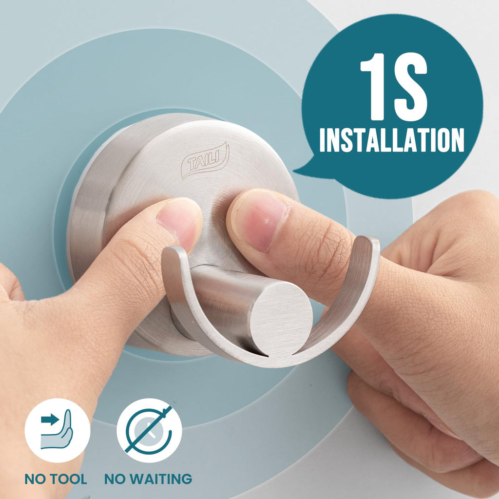 TAILI 304 Stainless Steel Bathroom Suction Hooks for Towel, Bathrobe, Loofah, Patented Strong Suction Cup Holder, No Damage Hanging Glass Shower Wall Hook, Double-Hook Sleek Design, 2 Pack