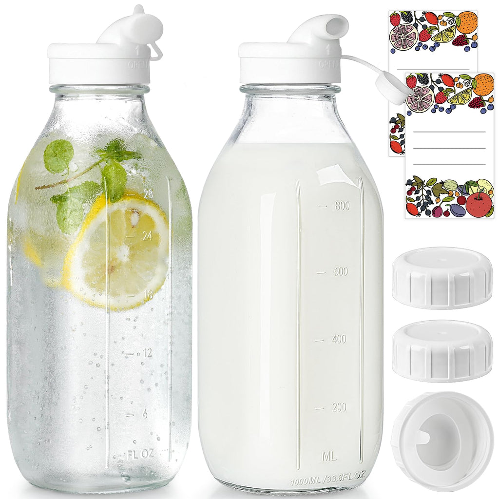 Glass Milk Bottle with 2 Dispenser Caps & 100% Airtight Screw Lid, 2 Pack 32 Oz Reusable Glass Bottles with 3 Lids! Milk Container for Oat Nut Almond Milk, Juice, Water, Cold Brew Coffee, Creamer