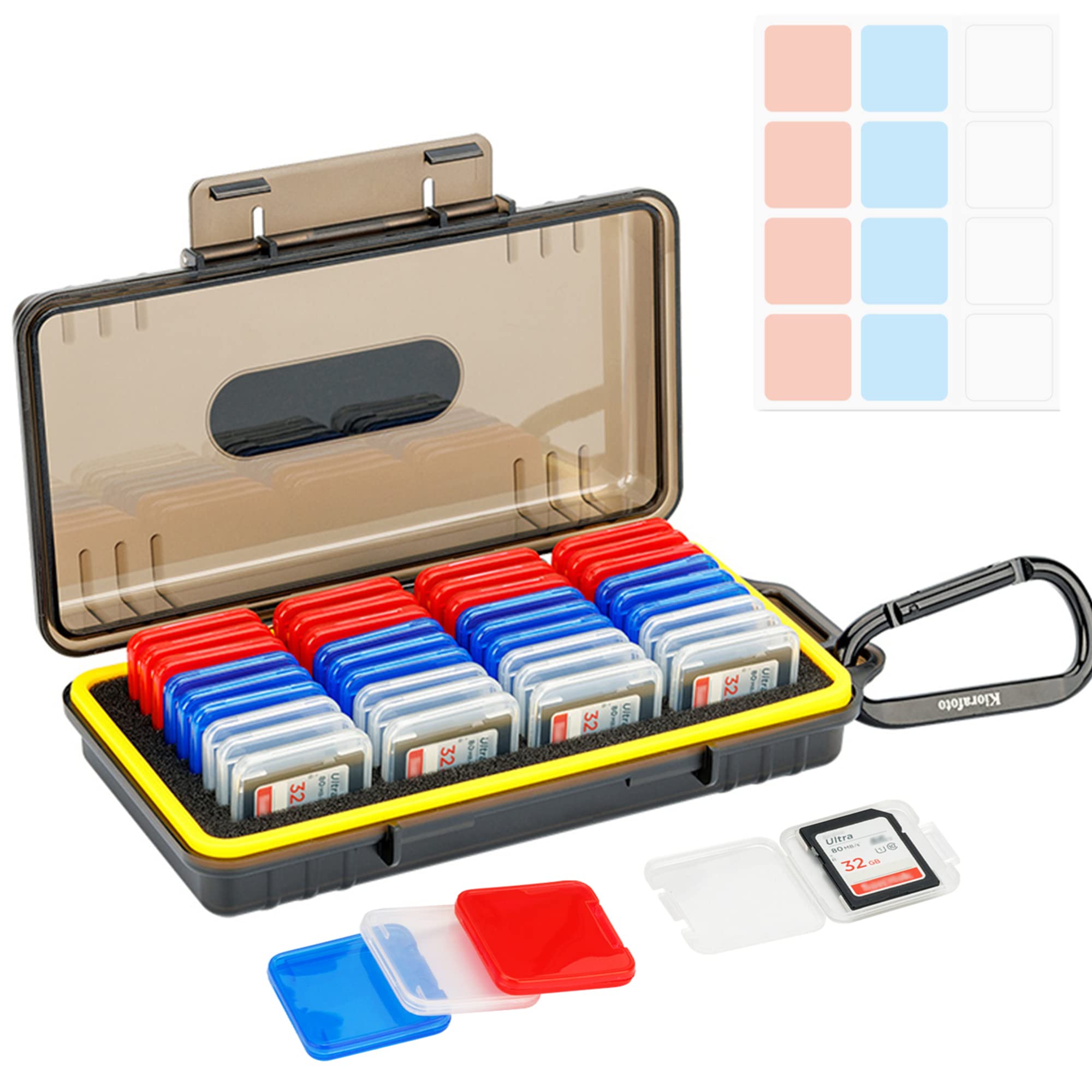 Dual-Protect SD Memory Card Holder with 36 Pack Color-Organized Clear Individual Transparent Memory Card Cases for SD SDXC SDHC Cards Water-Resistant Protector Anti-Shock Storage Organizer with Labels