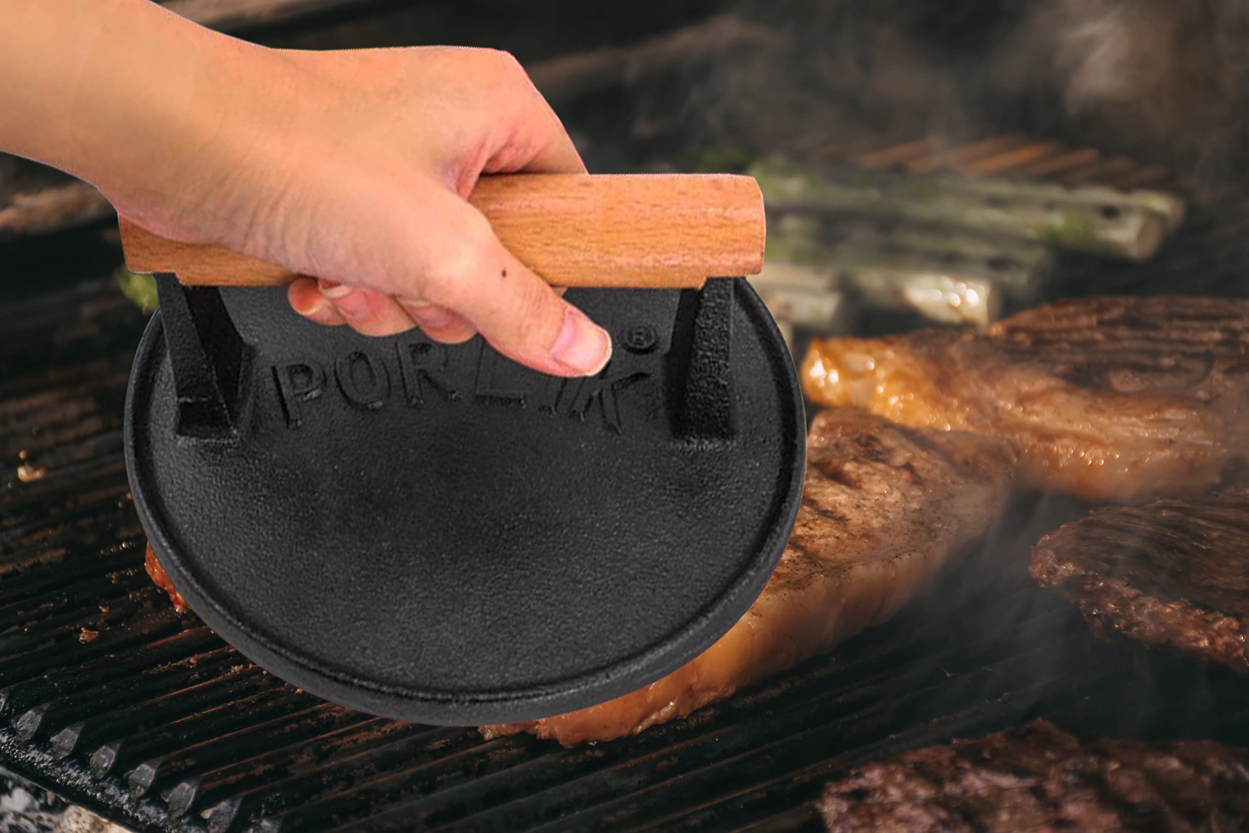 Cast Iron Grill Press,Griddle Press with Cool-Touch Wood Handle,Burger Smasher for Griddle,BBQ Grilling Accessories (Round Press)