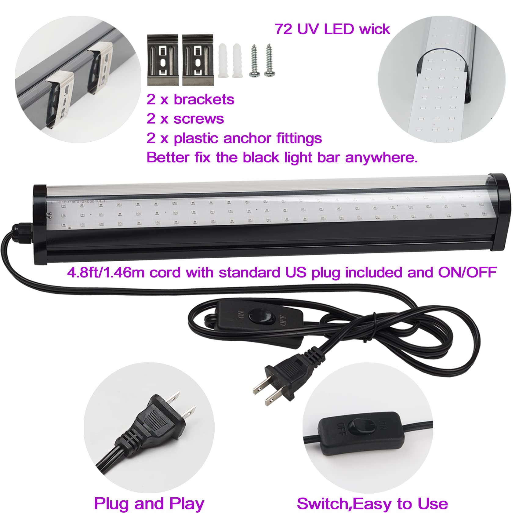 CICINY 25W LED Black Light Bar - 72 UV Big LED Chip 395-405 nm, Black Lights for Glow Party, Fluorescent Posters, Body Painting, Halloween