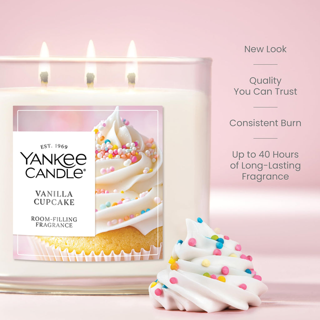 Yankee Candle 3 Wick Candle Jar, Scented Candle with up to 40 Hours of Burn Time, Premium Plant Wax Blend for Consistent Long Lasting Scent from First to Last Burn, Vanilla Cupcake