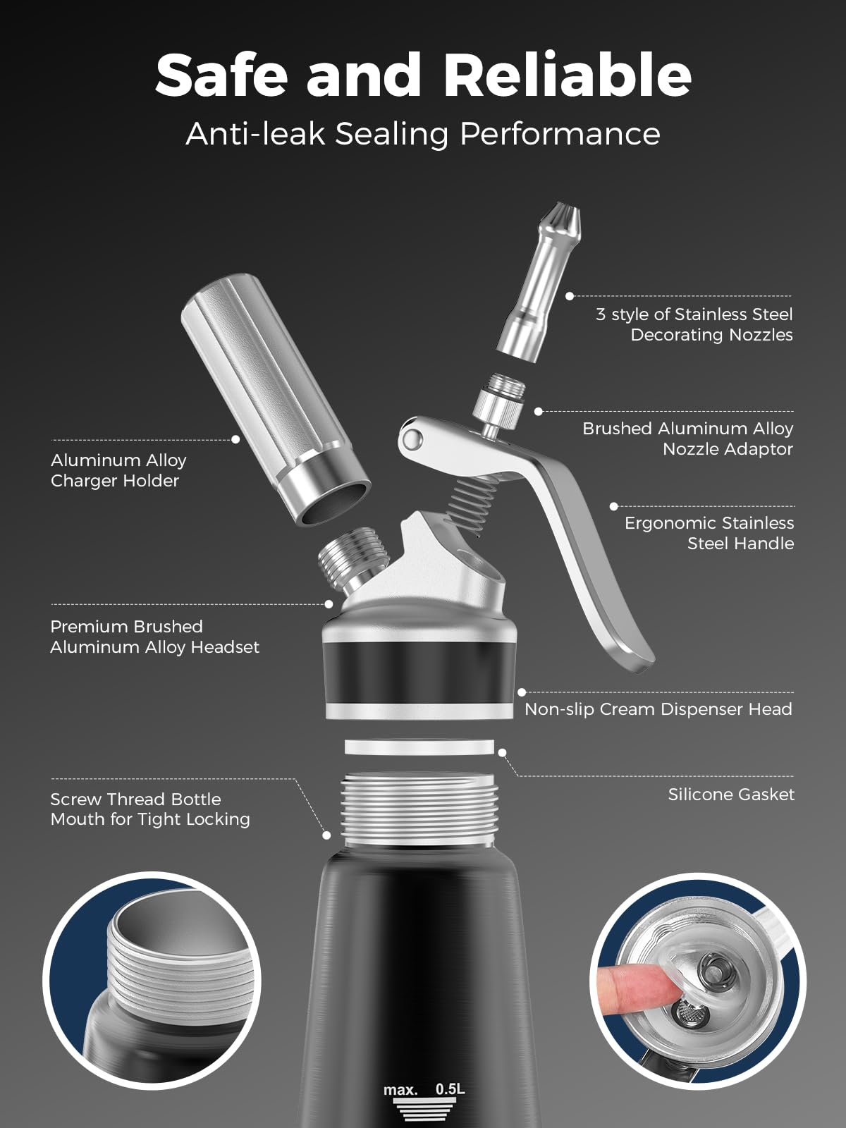 Professional Aluminum Whipped Cream Dispenser 500ml / 1 Pint, Leak-Proof Cream Whipper with 3 Decorating Tips, Food-Grade Tested, Easy Clean, N2O Chargers Compatible (Not Included)