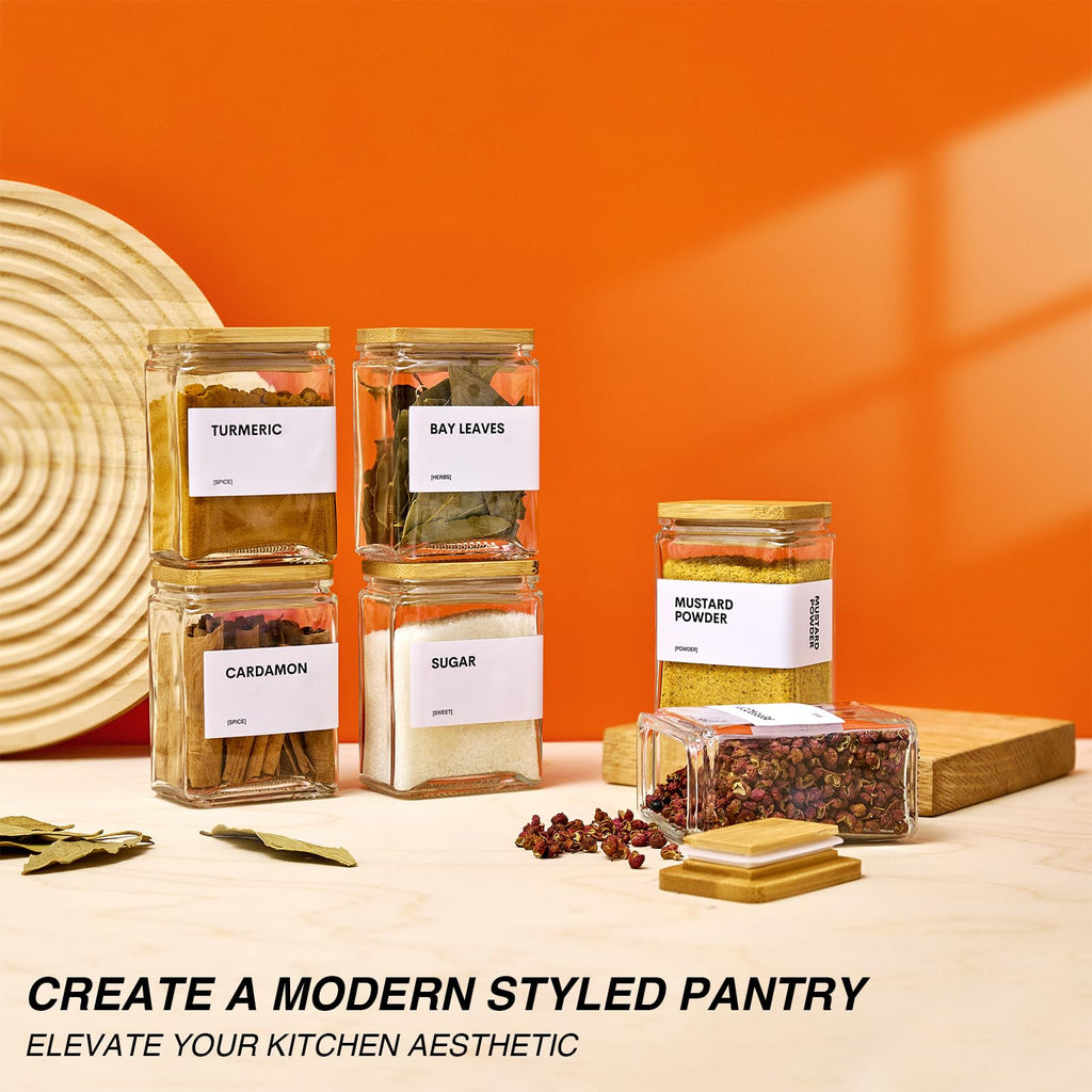 Glass Spice Jars with Bamboo Lid, 4oz Square Spice Containers for Pantry Organization, Seasoning Bottles with Labels, Spoons, Funnel for Salt Sugar