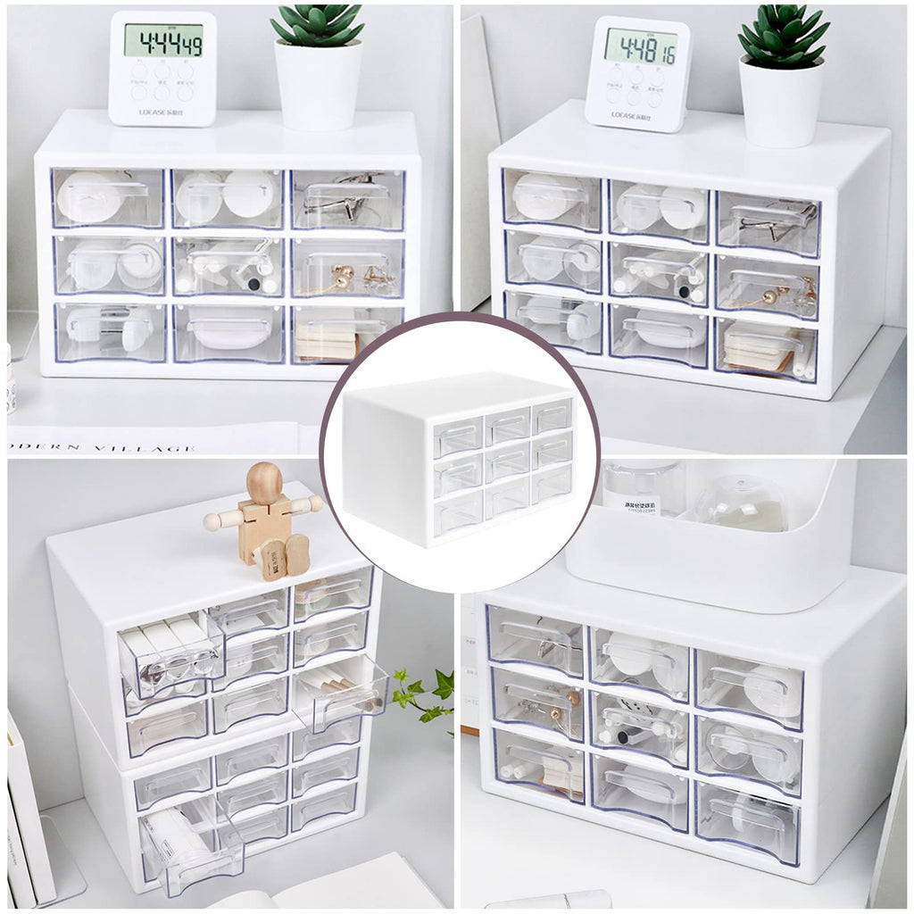 MYKASEN Desk Storage Organizer with 9 Drawers, Clear Plastic Storage Cabinet, Stackable Desk Storage Box for Makeup Office Craft Hardware Art Supplies, 9.8×6.3×5.9inch(White)