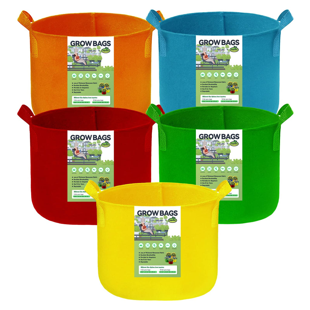 kopotma 10 Gallon Multicolor Grow Bags, Non-Woven Fabric Pots Garden Plant Tomato Planter Bags for Vegetables Flowers, 5-Pack