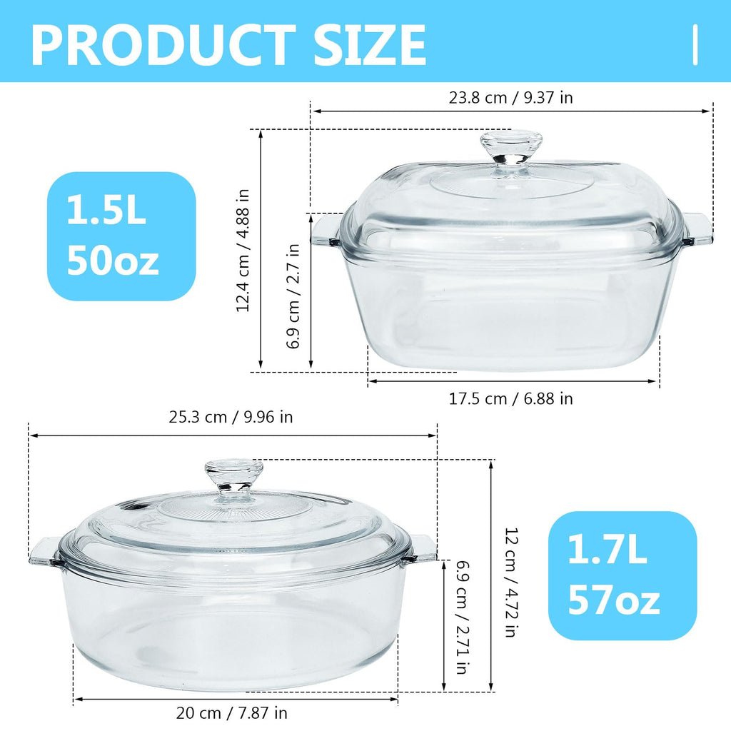 2 Pack Glass Casserole Dish with Lid and Handle Clear Lead-Free Covered Glass Baking Dish Casserole Cookware, Oven and Microwave Safe, for Marinating Baking Cooking (1.5L +1.7L)