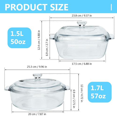 2 Pack Glass Casserole Dish with Lid and Handle Clear Lead-Free Covered Glass Baking Dish Casserole Cookware, Oven and Microwave Safe, for Marinating Baking Cooking (1.5L +1.7L)