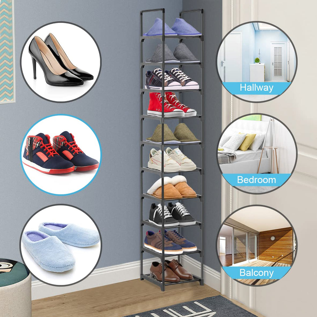 Pitmoly 10-Tier Shoe Rack, Shoe Storage Organizer, Small Narrow Shoe Shelf for Closet, Entryway, Metal Tall Shoe Stand for 10 Pairs of Shoes (Black)