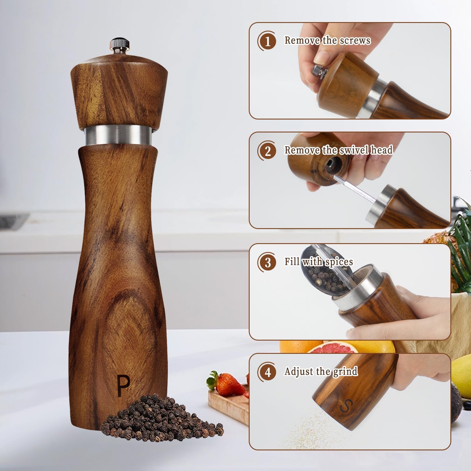 2 Pack Salt and Pepper Grinder Set, Acacia Salt and Pepper Mills Wood Salt Shaker with Ceramic/Stainless Steel Core, Modern and Elegant Wooden Salt and Pepper Mill Set Gifts for Housewarming Kitchen