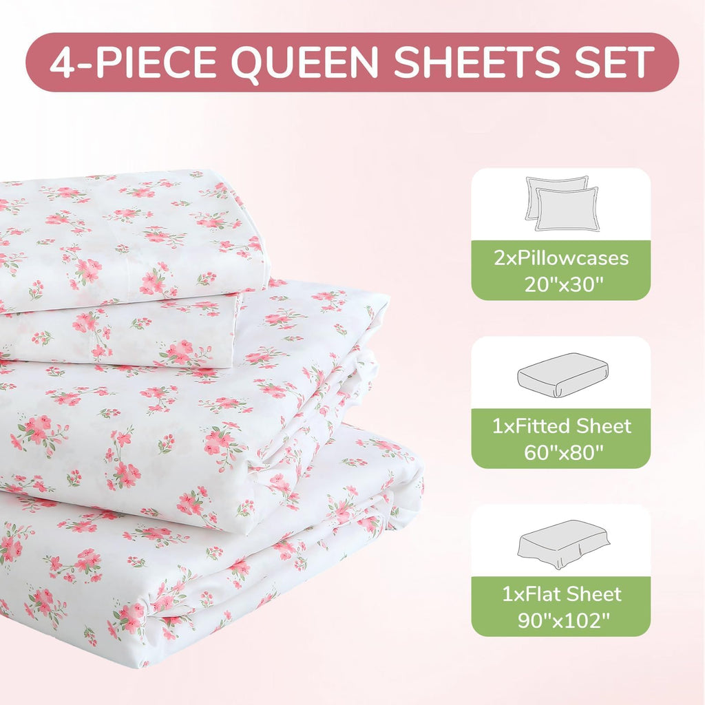 MUXHOMO Queen Size 4 Piece Sheet Set, Soft Breathable Bed Sheet Set for Bedroom with Deep Pocket Up to 16", Wrinkle-Free & Cooling Bedding for Oeko-TEX Certified - Blossoms Pink