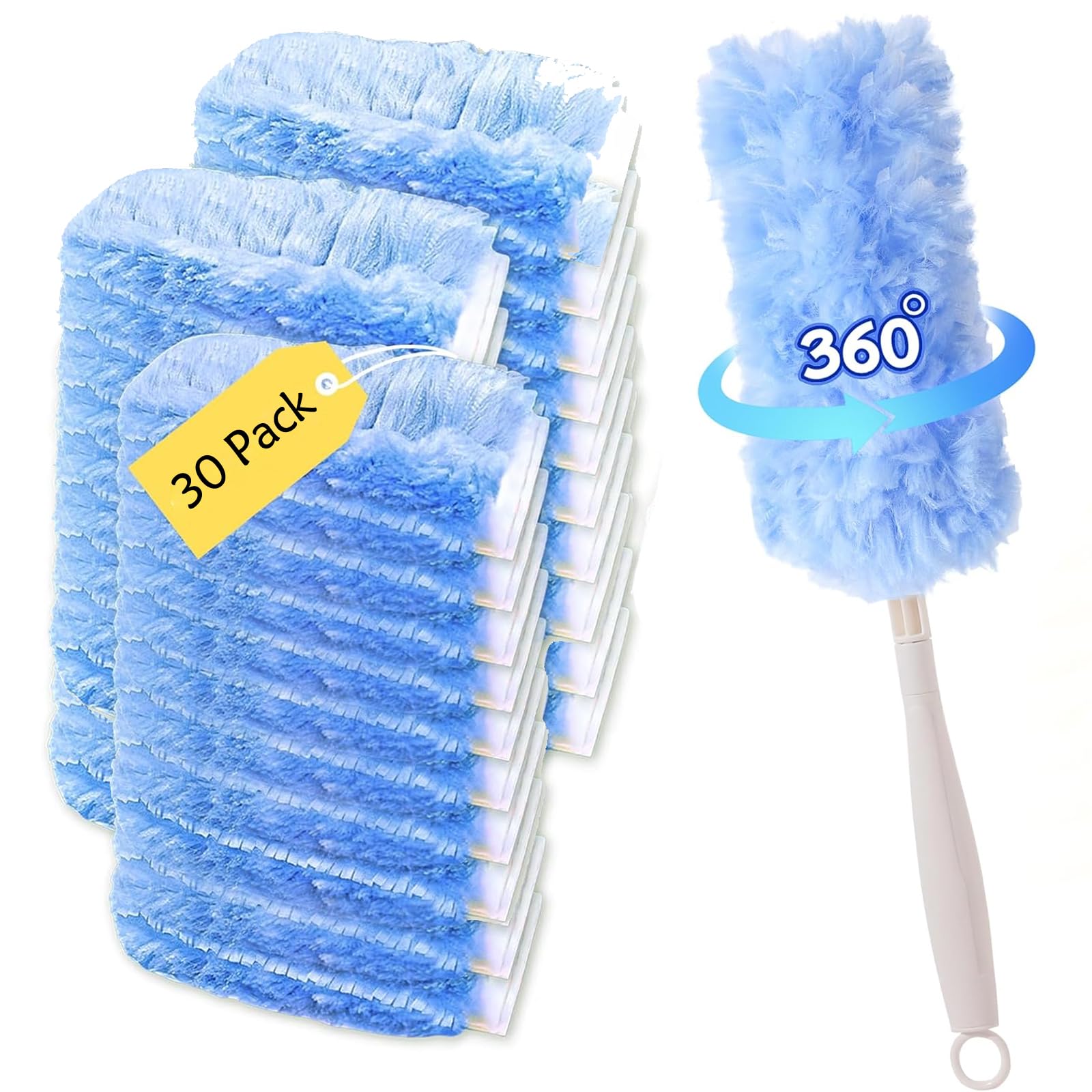 30P Duster Refills Compatible with S wiffer Dusters, Multi Surface 360° Heavy Duty Duster Refills with 4X Fluffy Fiber, Dust Removal Tools Refill Replacenments Cleaning Dusters with Handle - Blue