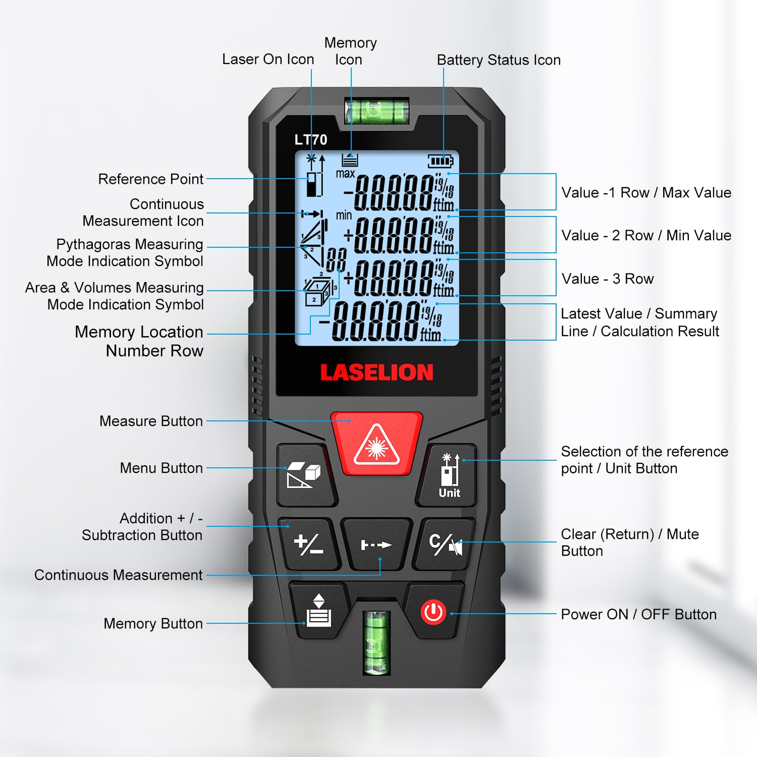 LASELION LT70 Laser Distance Meter – 70m (229ft) Range, High Accuracy, Multiple Measurement Modes, Built-in Level Bubble, and Mute Function (229ft)