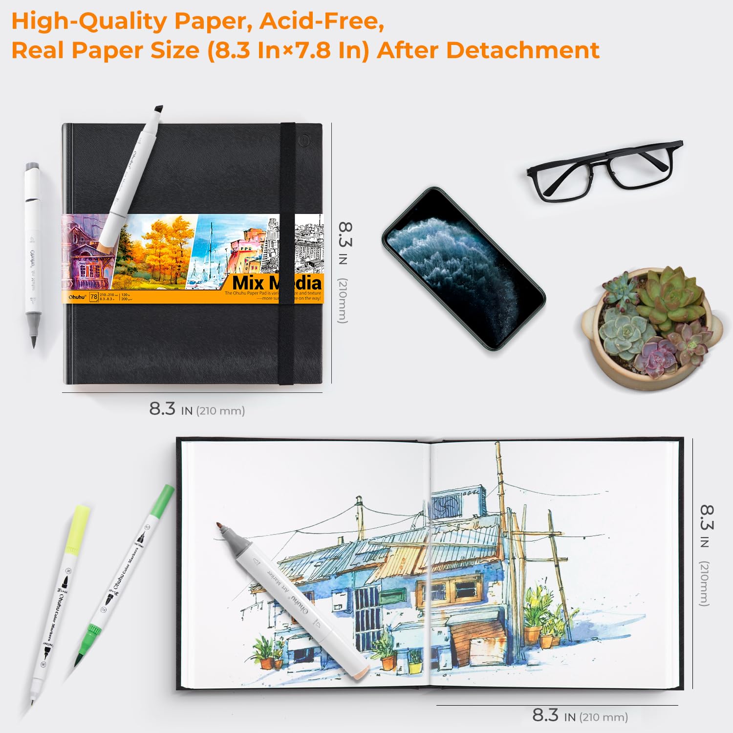 Mix Media Sketchbook, Ohuhu 8.3"×8.3" Watercolour Sketchbook for Wet or Dry Media, 120 LB/200 GSM Heavyweight Mixed Media Art Papers, 78 Sheets/156 Pages, PU Hardcover Mixed Media Paper Pad for Acrylic, Painting
