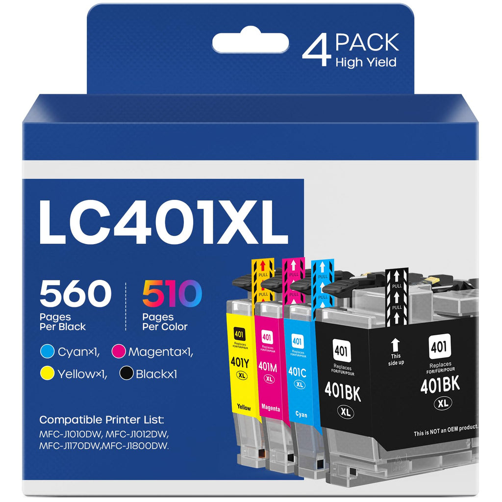 Belietop LC401XL Ink Cartridges Fit for LC401 XL LC401XL Ink Cartridge Compatible with MFC-J1170DW J1010DW J1012DW Printers (4 Pack BK/C/M/Y)