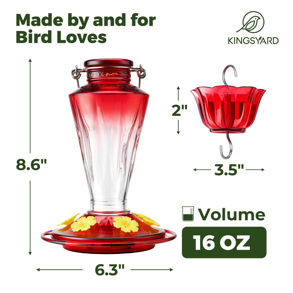 Kingsyard Glass Hummingbird Feeders for Outdoors Hanging Ant & Bee Proof, 16 Ounces Bird Nectar Feeder 6 Flower Feeding Ports, Leak Proof, Easy to Refill & Clean, Ant Moat Included, Red