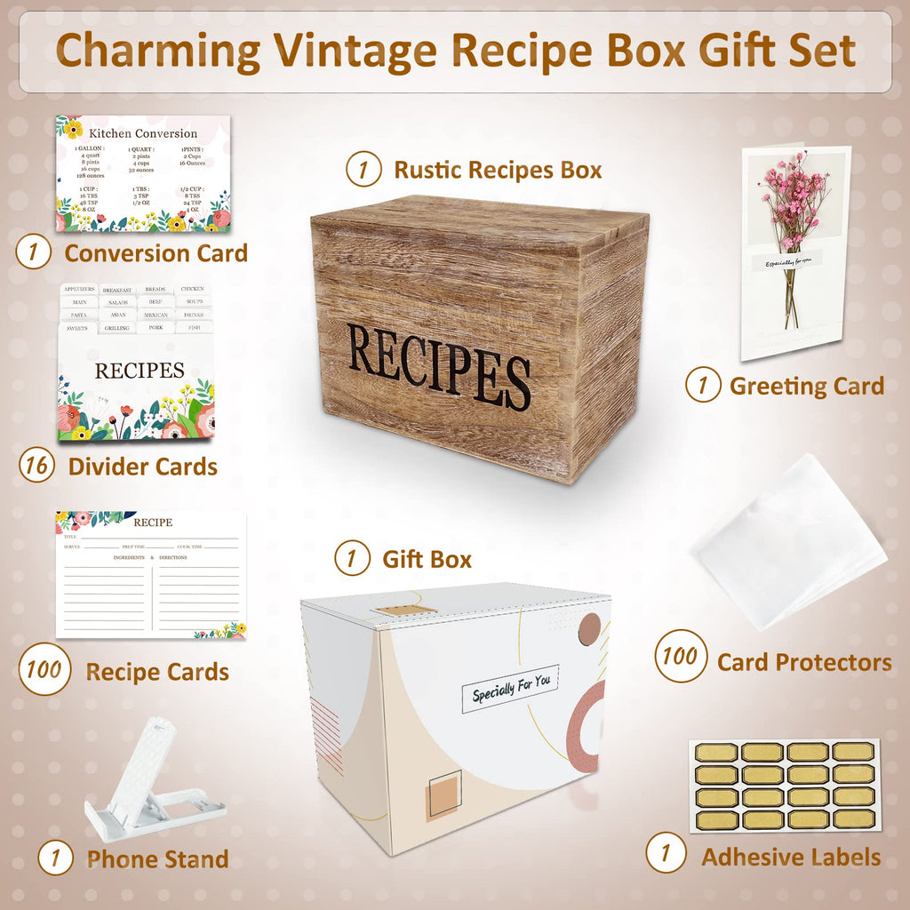 feasteery Recipe Box,100 Recipe Cards with Dividers,100 Card Protectors,Rustic Wood Box Organizer Set to Write in Your Own Recipes,Cute Box for Housewarming Grandma Mom Wedding Bridal Shower
