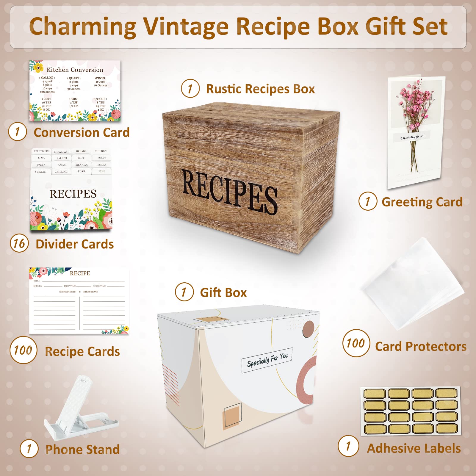 feasteery Recipe Box,100 Recipe Cards with Dividers,100 Card Protectors,Rustic Wood Box Organizer Set to Write in Your Own Recipes,Cute Box for Housewarming Grandma Mom Wedding Bridal Shower