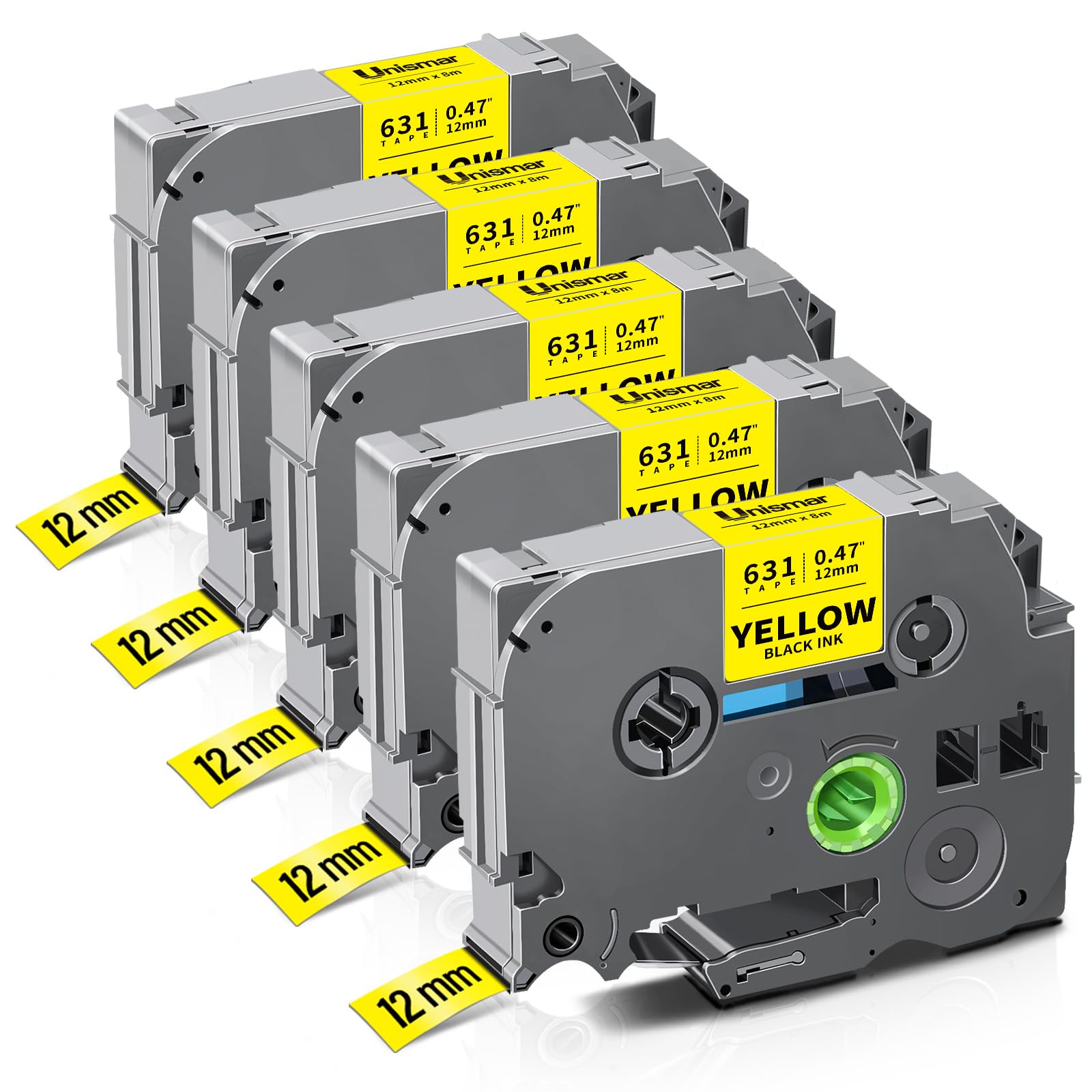 Unismar Compatible Label Tape Replacement for Brother TZe-631 TZe631 TZ631 for PT-D200 PT-D210 PT-D600 PT-D400 PT-H100 PT-H110 PT-1280 Label Maker, 1/2 inch x 26.2 feet, Black on Yellow, 5-Pack