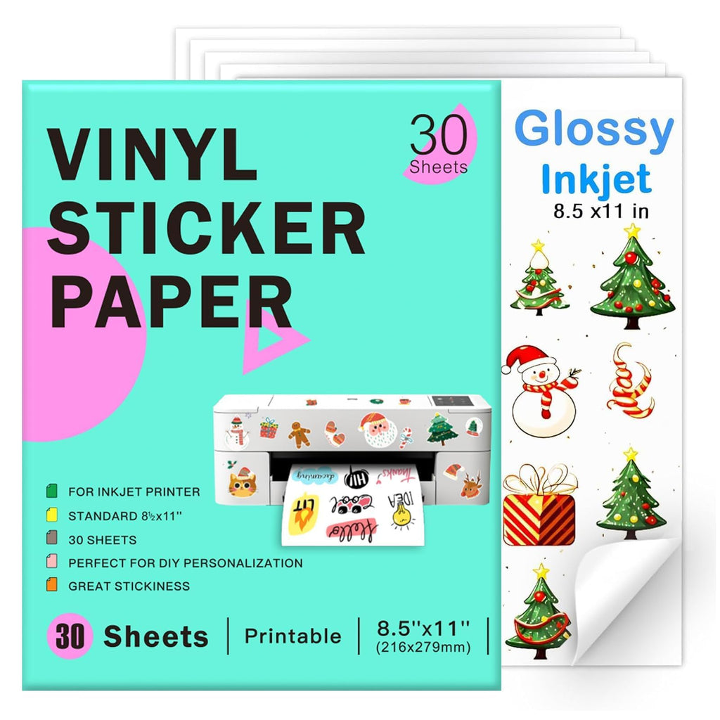 Printable Vinyl Sticker Paper for Inkjet Printer-35 Sheets Glossy White 8.5" x 11" Waterproof Labels Paper, Dries Quickly, Vivid Colors, Tear Resistant, DIY Christmas Stickers