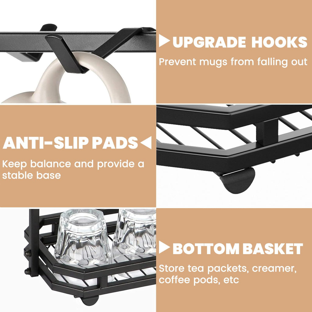 FANGSUN Large Coffee Mug Holder Stand Countertop, Tree Rack for 14 Mugs, 2 Tier Counter Display Storage, Metal Wire Tea Cup Holder for Coffee Station Kitchen Organizer, Not Included Mugs