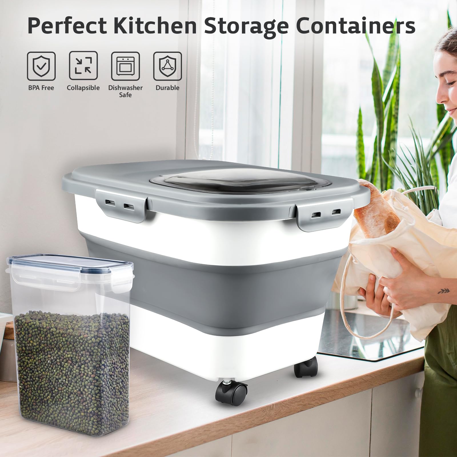 Komzon Rice Storage Containers, Collapsible 10 to 30Lbs Food Storage Bin Dispenser with Rolling Wheel and Clear Airtight Lid, BPA Free Flour, Sugar, Cereal and Dog Cat Pet food Containers