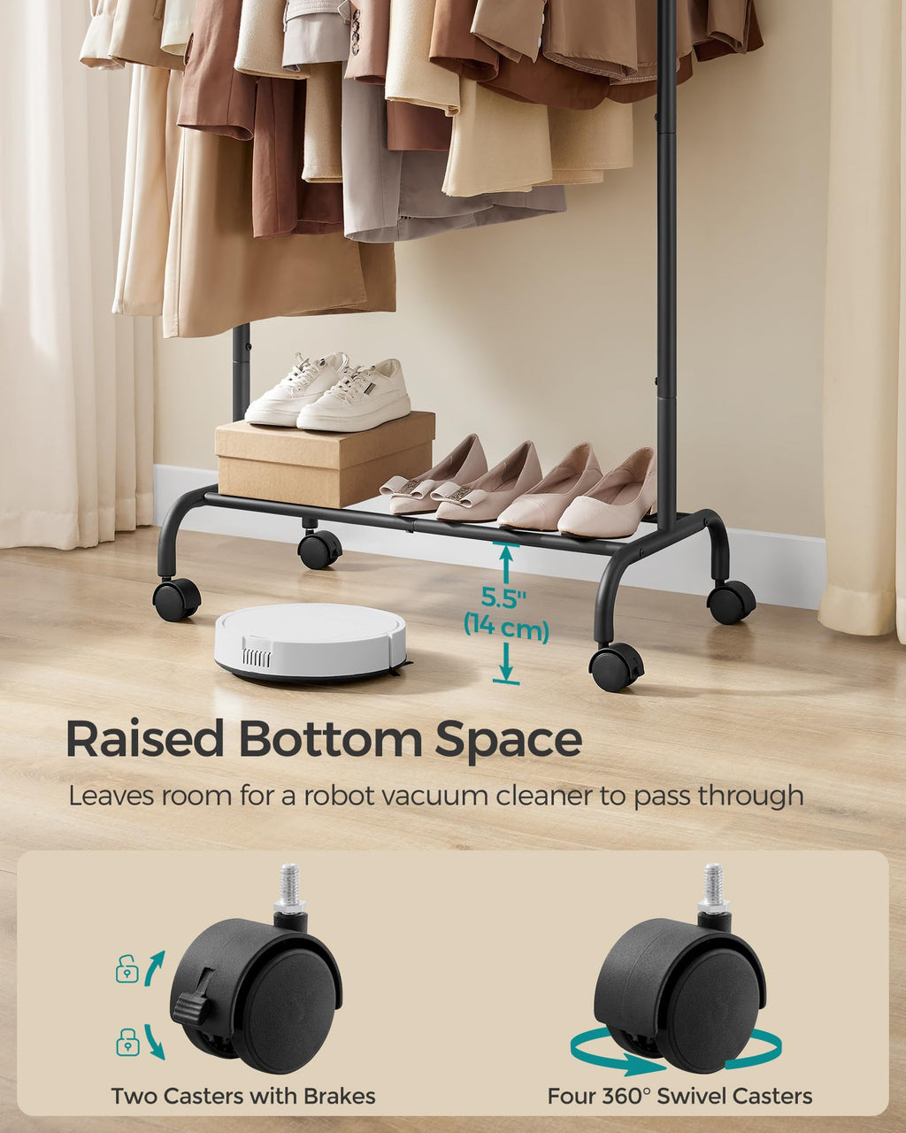 SONGMICS Clothes Rack, Single Clothing Rack, Garment Rack with Extendable Hanging Rails and Wheels, Heavy-Duty Metal Frame, 99 lb Total Max. Load, 32.7-47.2 Inches Wide, Ink Black UHSR134B01