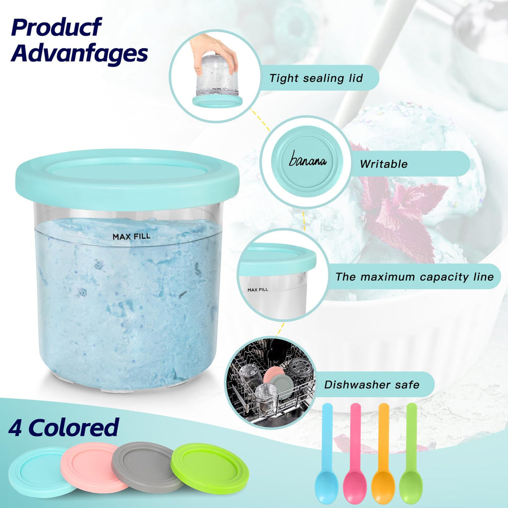 4-Pack Ninja Creami Containers for NC300/NC301/NC299AMZ, BPA-Free Replacement Pints with Color Lids & Recipe Scoop, Dishwasher-Safe & Leak-Proof Ice Cream Maker Accessories for Ninja Creami