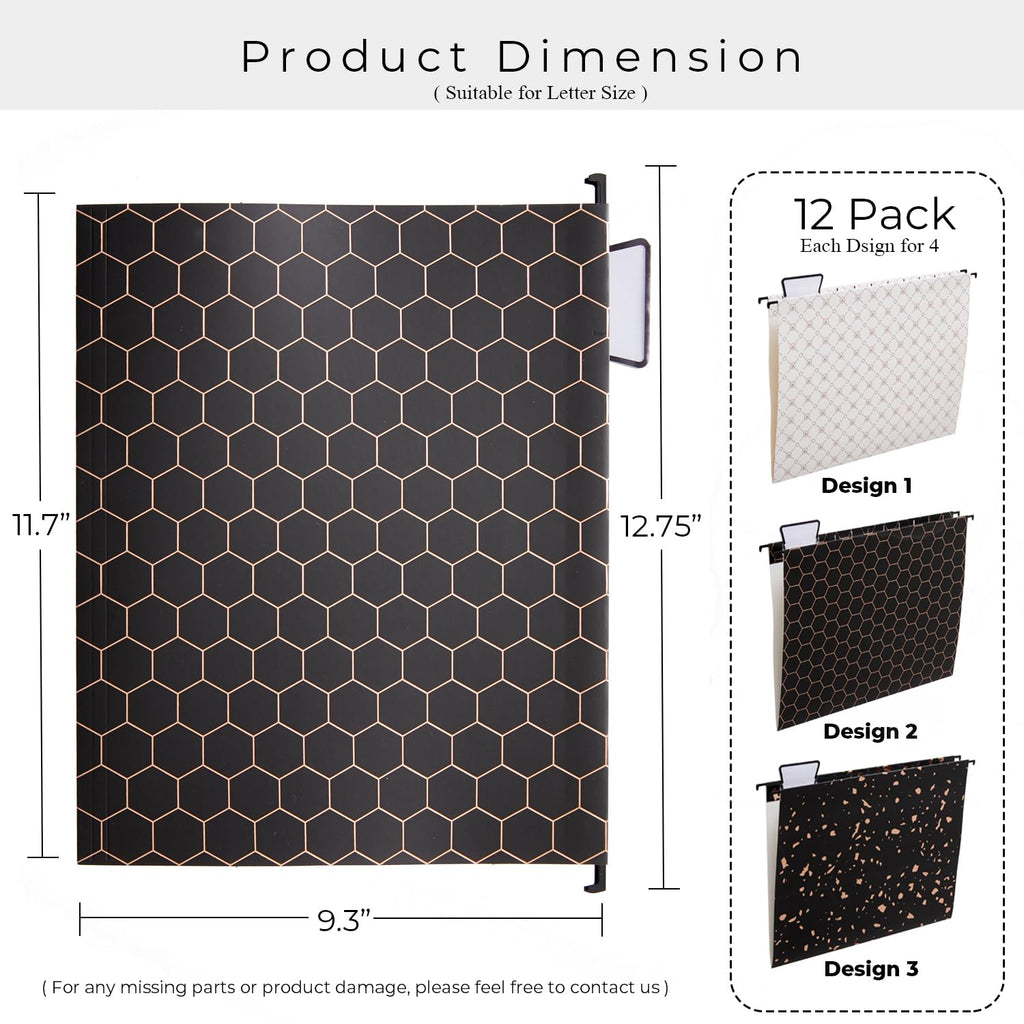 YOMA 12 Pack Decorative Hanging File Folders Letter Size Rose Gold File Folder Pretty Hanging Folder Organizer for Filing Cabinet Office Home with 1/5-Cut Adjustable Tabs, 3 Black Foil Design