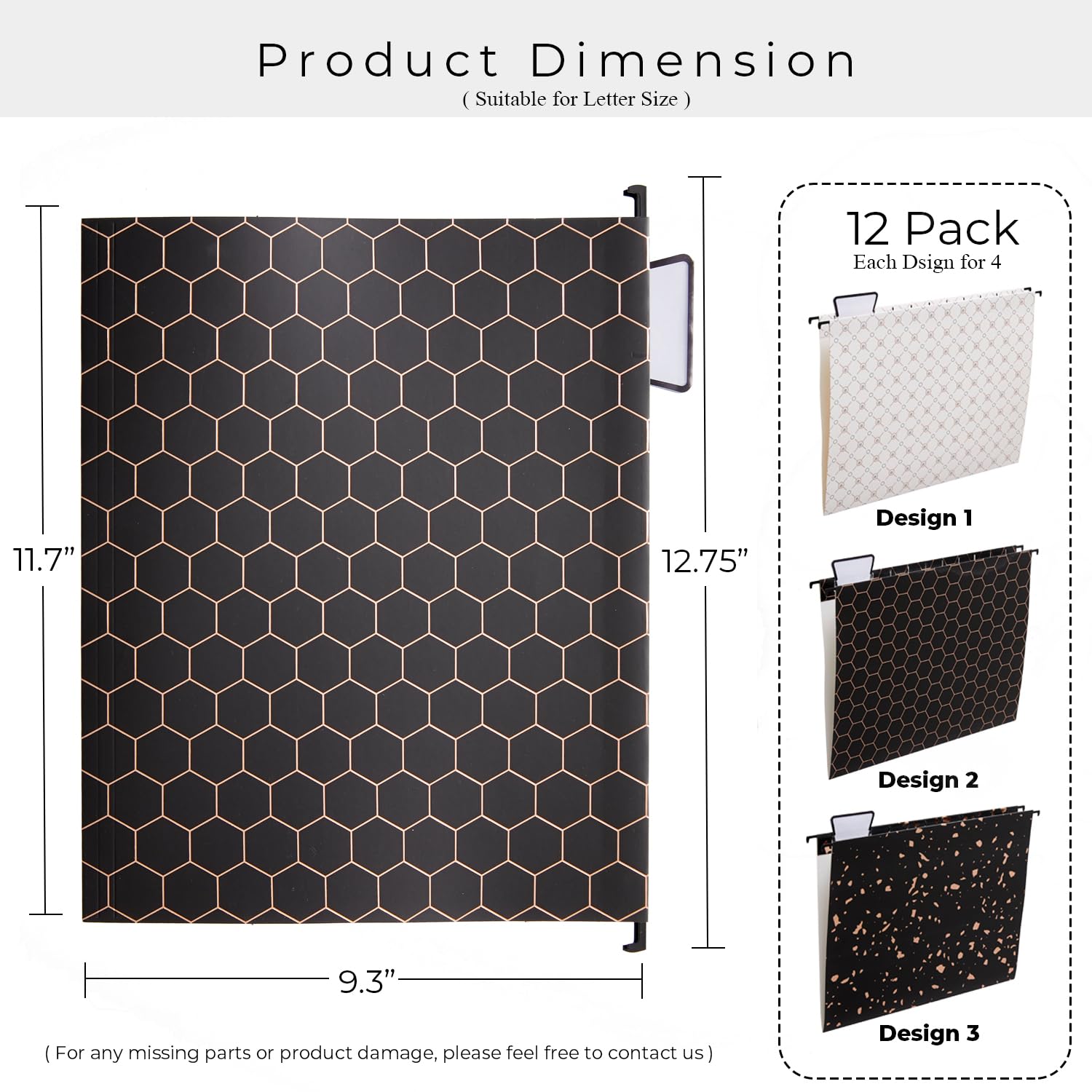 YOMA 12 Pack Decorative Hanging File Folders Letter Size Rose Gold File Folder Pretty Hanging Folder Organizer for Filing Cabinet Office Home with 1/5-Cut Adjustable Tabs, 3 Black Foil Design