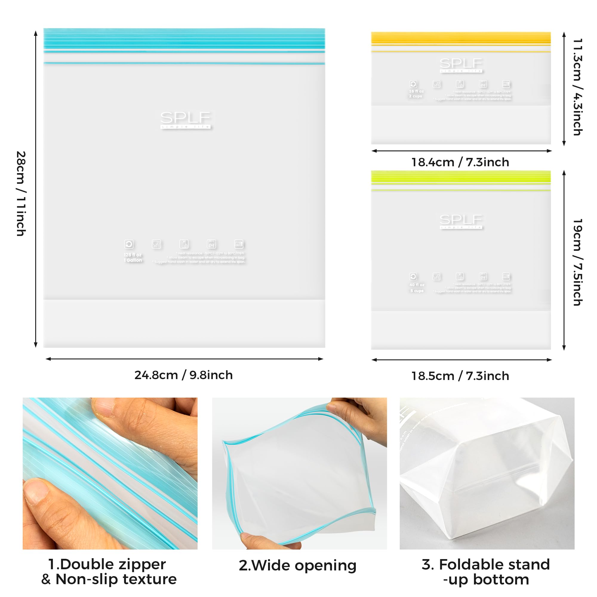 SPLF 12 Pack Reusable Gallon Freezer Bags Dishwasher Microwave Safe, 1 Gallon BPA Free Leakproof Food Storage Bags, Silicone Free Containers for Meal Prep, Fridge Kitchen Organization