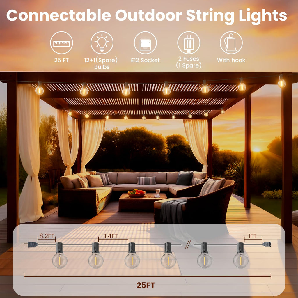 RTTY Outdoor String Lights Patio Light for Outside Waterproof G40 Shatterproof LED Bulbs, Dimmable Hanging Connectable Globe Lighting for Bistro, Backyard, Cafe, Porch, 2700K, 25 FT 13pcs