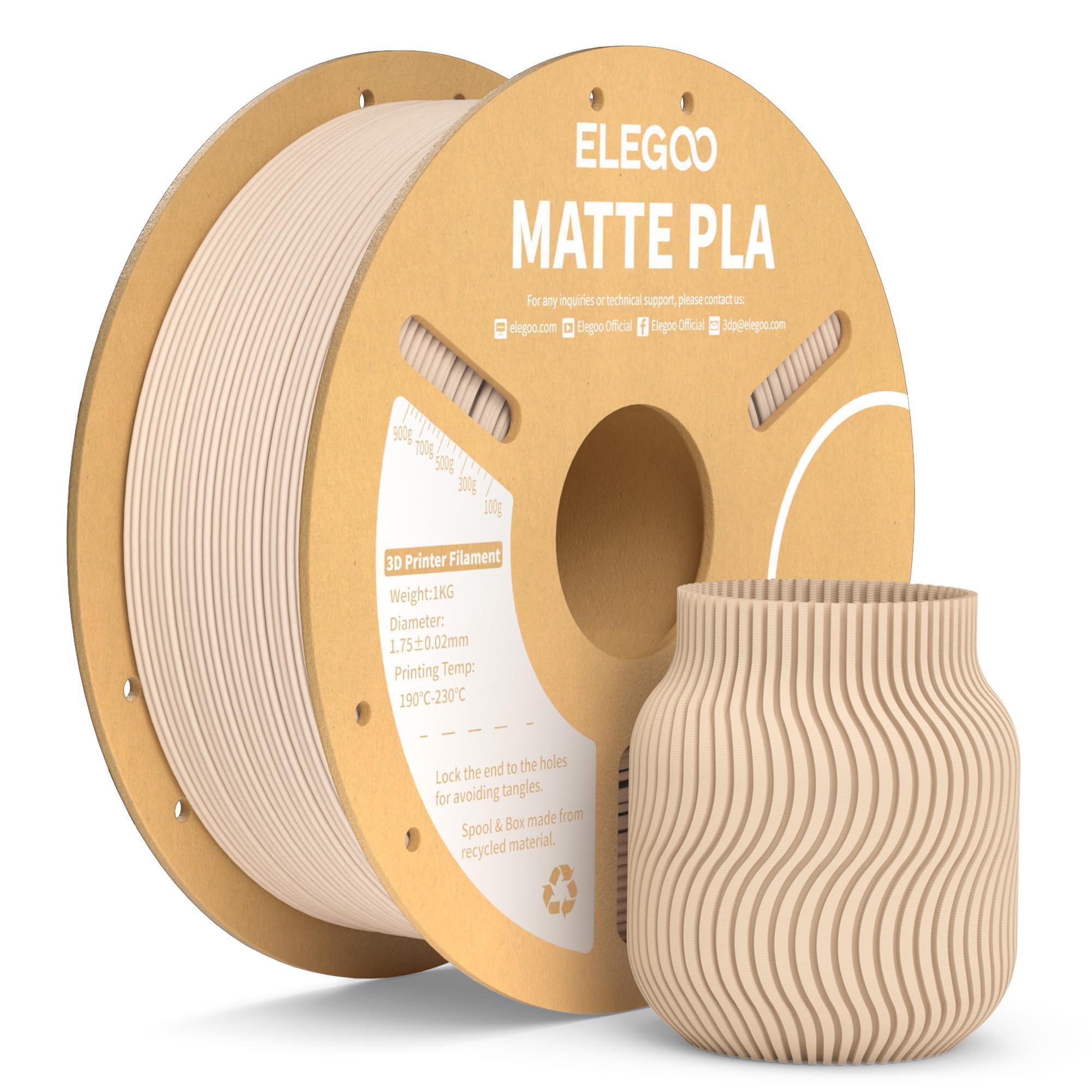 ELEGOO Matte PLA Filament Beige 1KG, 1.75mm 3D Printer Filament Dimensional Accuracy +/- 0.02mm, 1kg Carboard Spool (2.2lbs) for Most FDM 3D Printers
